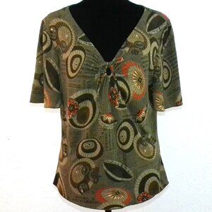 Touch USA, green abstract V-neck T-shirt, with golden glitters details